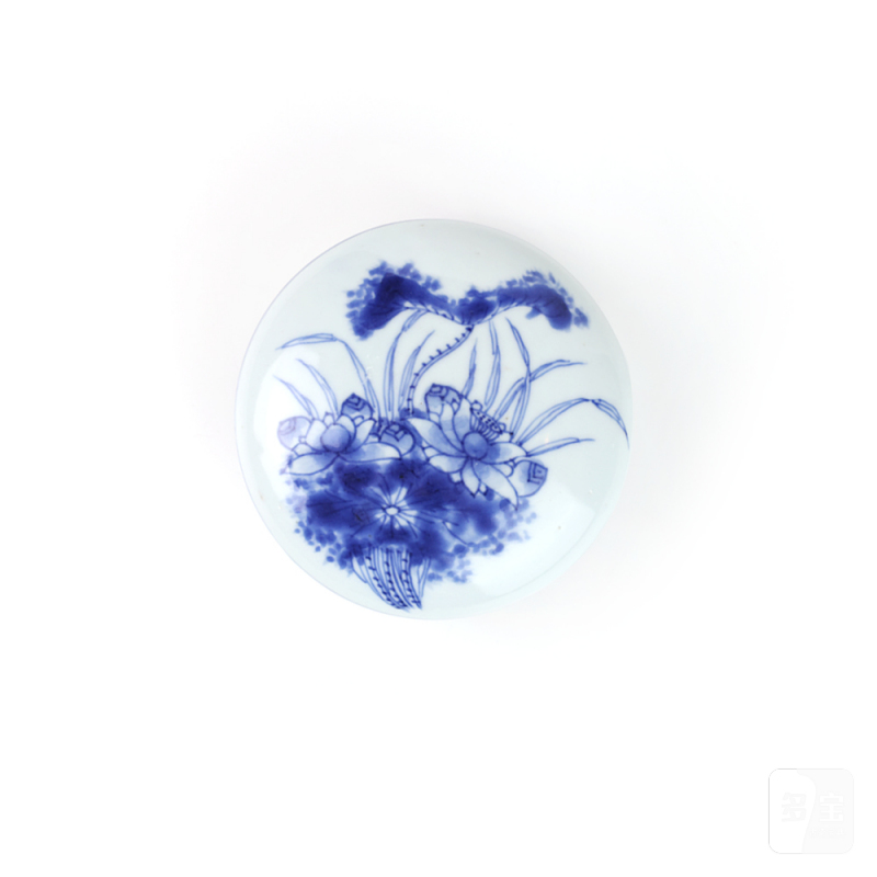清康熙 青花荷莲纹印泥盒 - 图3